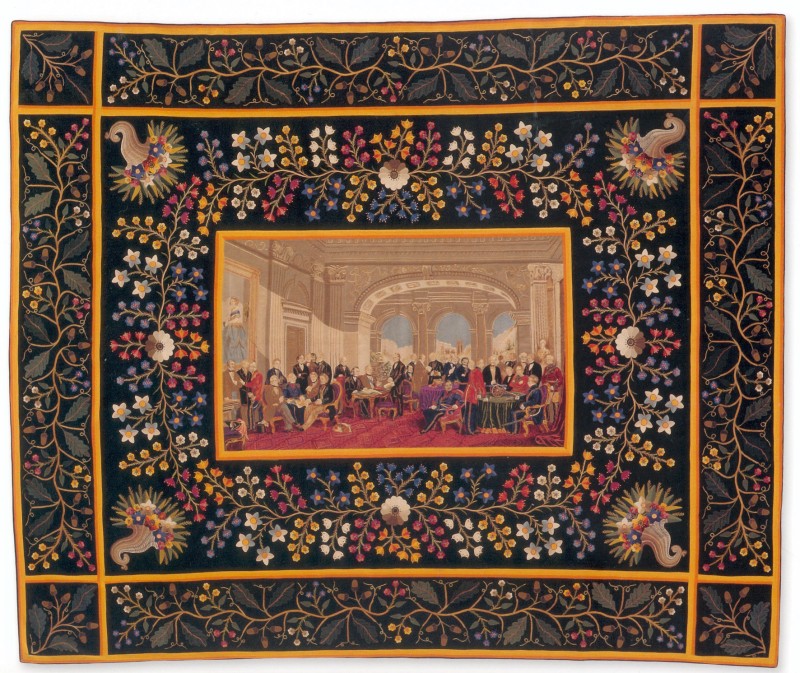 : Patchworkdecke mit Staatsmännern aus Militär und Marine (=„Wagemut Großbritanniens“)
England, 1860-70
Schneider: Michael Zumpf
190 x 215 cm
Wolltuch, Intarsientechnik
Privatbesitz von Annette Gero, Sydney/Australien