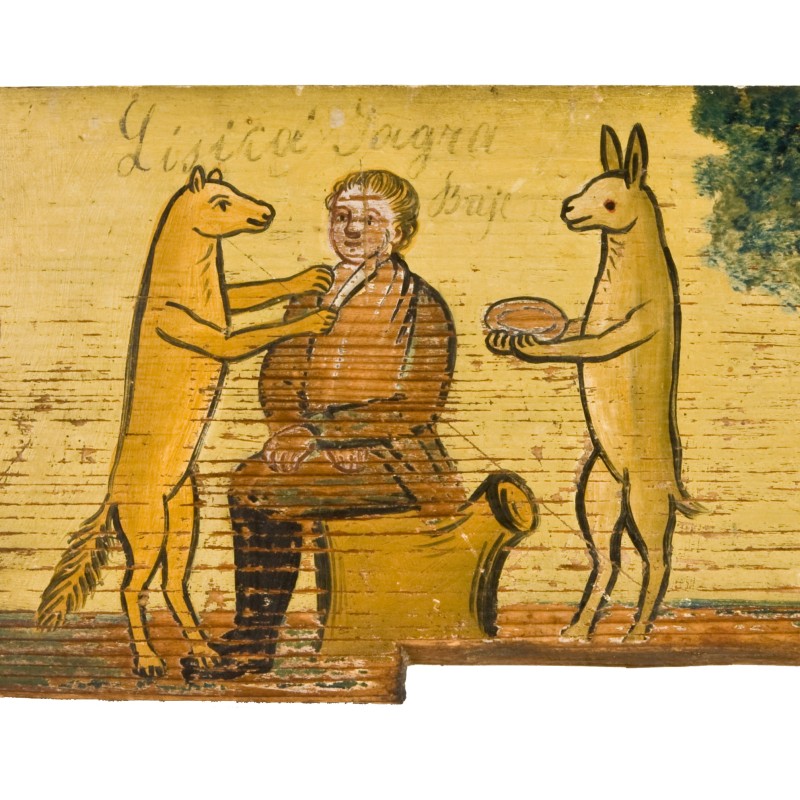 Fuchs und Hase rasieren den Jäger. In dieser Szene nehmen die Tiere menschliche Rollen ein, wodurch der Jäger der Lächerlichkeit preisgegeben wird. Krain (Dežela Kranjska), Slowenien; datiert 1869.