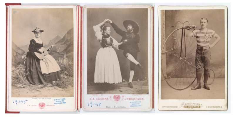 pos/19145: Positiv: Porträt einer Frau in Zillertaler Tracht pos/19148: Positiv: Porträt eines tanzenden Paares in Tracht aus dem Pustertal pos/67699: Positiv: Porträt eines Mitglieds des Wiener Radfahrer Club mit Hochrad, Wien